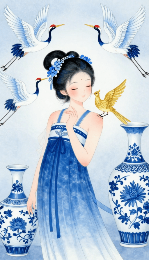 青花瓷纹样素材：青花瓷韵：水墨少女与仙鹤雀鸟的宁静中国风插画