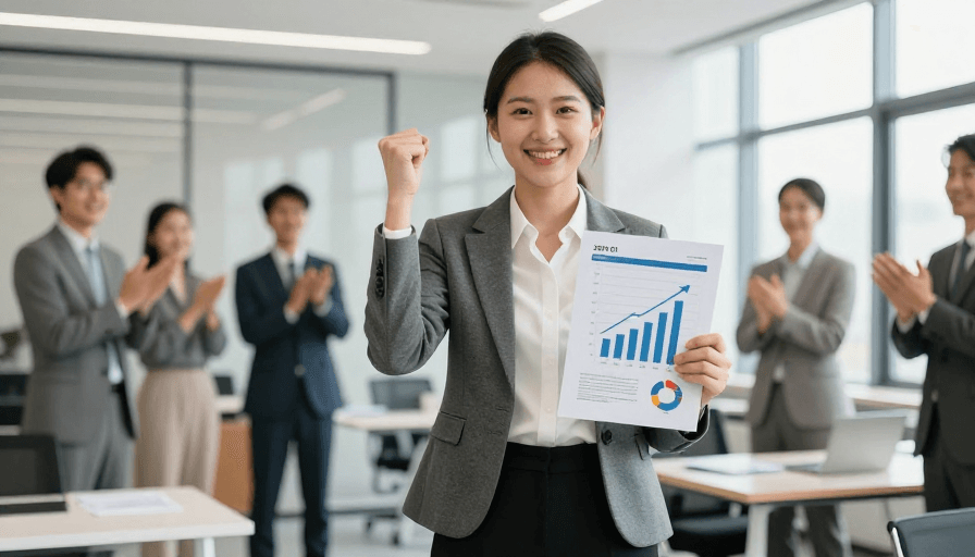 商务摄影素材：亚洲女性职场成就：2024 Q1业绩增长庆祝瞬间
