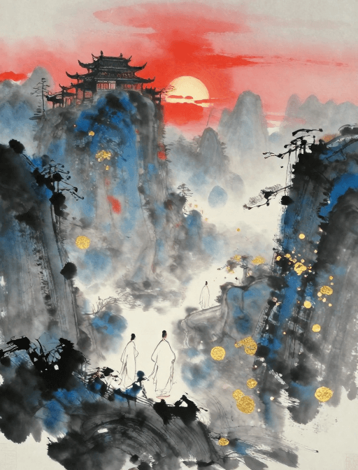 禅意意境素材：晨雾古寺：水墨写意中的幽蓝禅境