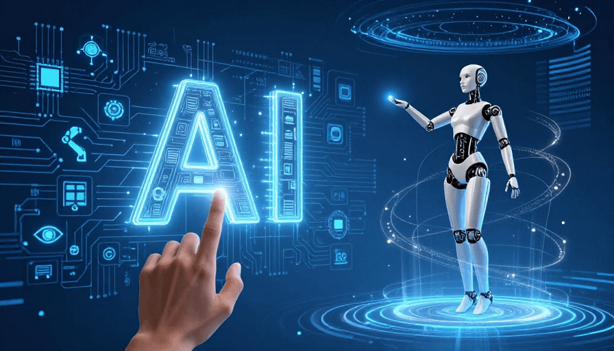 科技宣传素材：未来科技蓝：AI与仿生机器人交互的视觉盛宴
