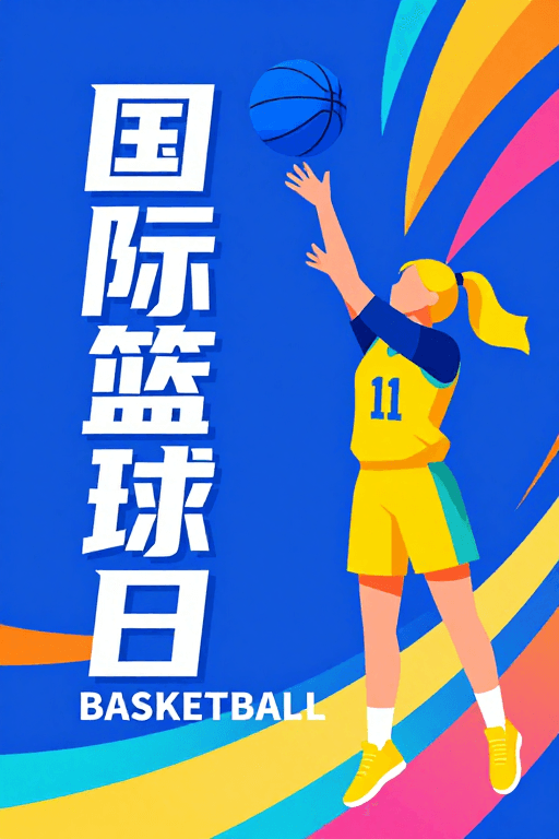 运动海报素材：国际篮球日：高饱和撞色活力海报