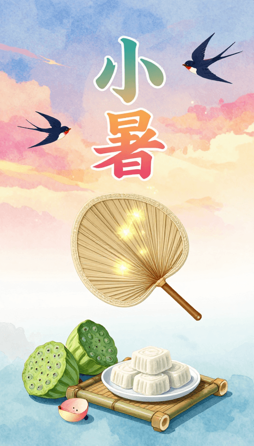 节气海报素材：清新手绘小暑节气海报：剪纸艺术字与夏日清凉意象
