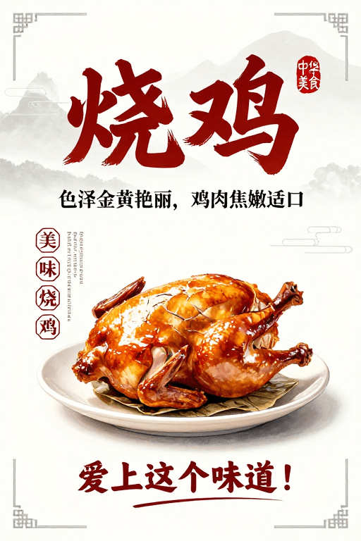 传统美学素材：中式烧鸡水墨风美食海报