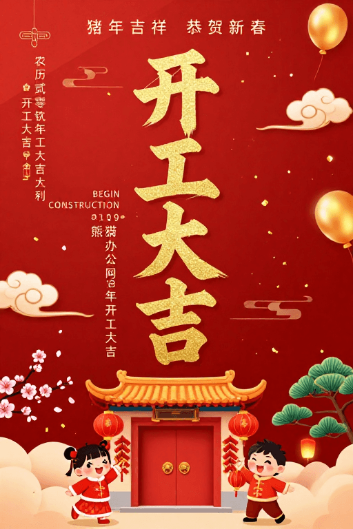 开工大吉素材：猪年开工大吉红色中国风春节海报