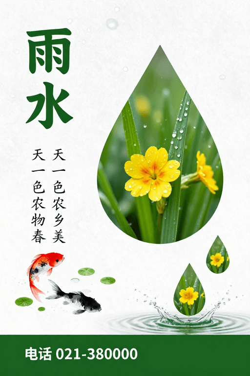 雨水节气素材：雨水润物·青绿诗意海报