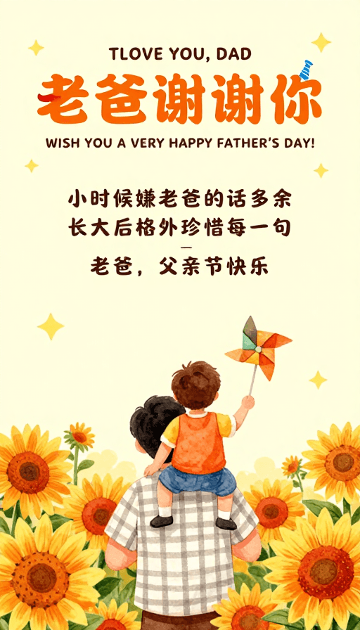 亲子互动素材：温馨父亲节手绘海报：暖色调传递父爱之情