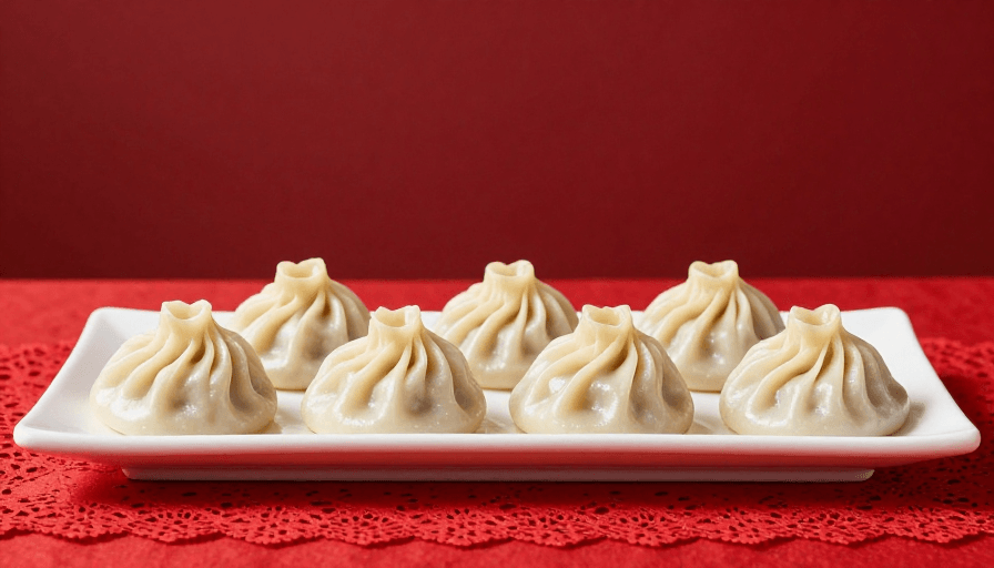 中式美食摄影素材：精致小笼包特写：红色桌布上的美味呈现