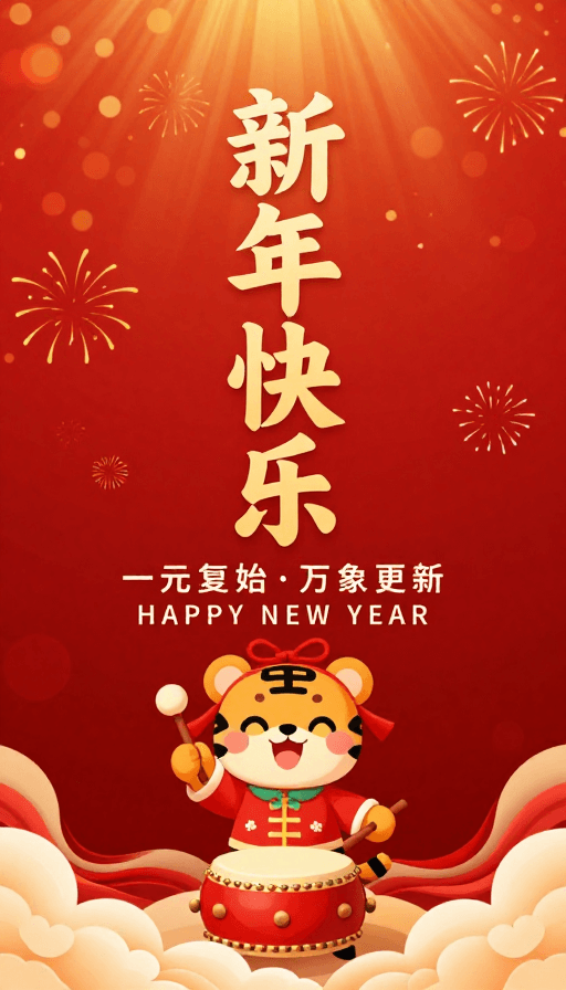 吉祥图案素材：喜庆中国风新年海报设计，黄金字体与卡通虎元素
