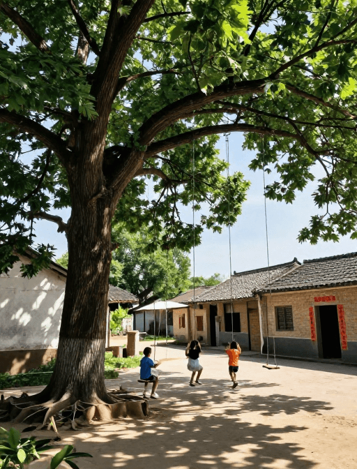 中国农村素材：夏日村落童趣：中国老画报手绘乡村风光