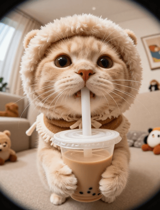 暖色调室内素材：暖光圆胖小奶猫奶茶特写