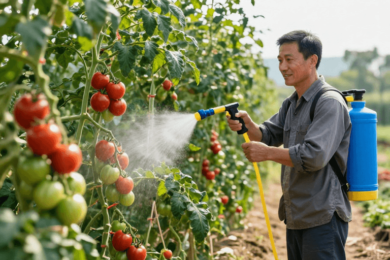 农夫劳作素材：田间精管：中年农人照料红绿番茄的高清实拍