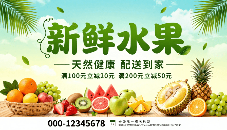 健康饮食素材：清新夏日水果促销海报，天然健康美味直达家