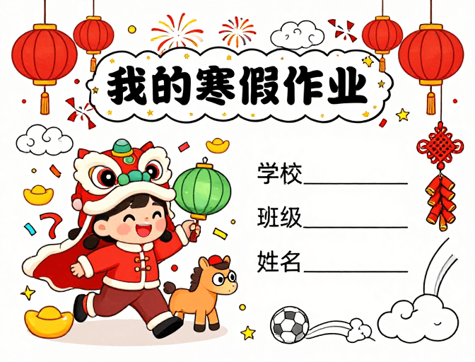Q版卡通素材：童趣新春·寒假作业插画封面设计