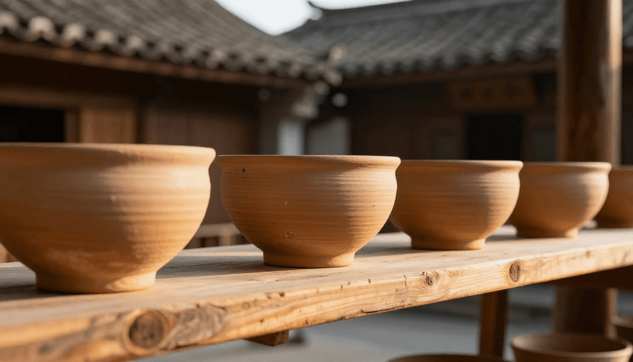 传统建筑素材：古朴陶碗陈列：手工艺术与自然光影的和谐之美