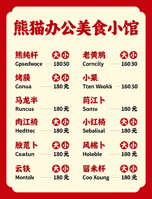红色暖色调素材：熊猫办公美食小馆菜单：中式暖色价格表