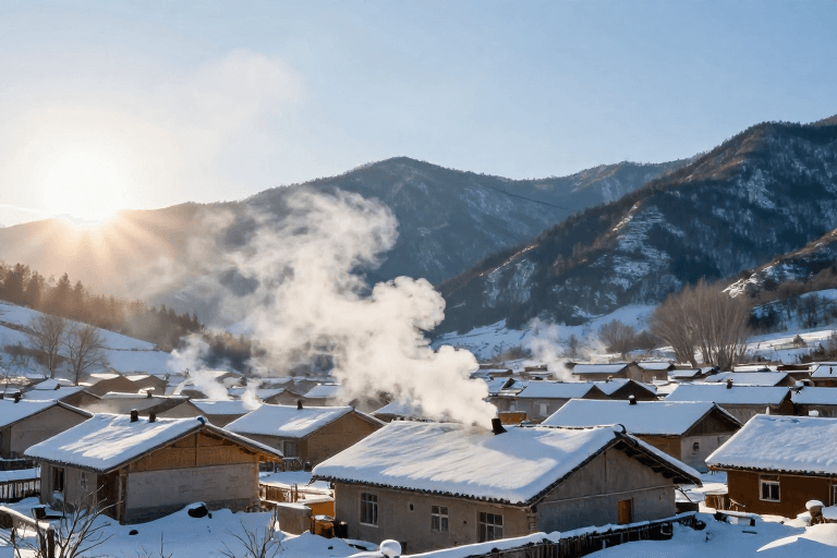雪后山村素材：雪村炊烟映暖阳，静谧山居画卷