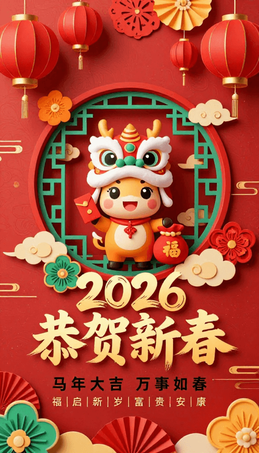 吉祥图案素材：2026新年喜庆海报：红金立体剪纸卡通马吉祥图