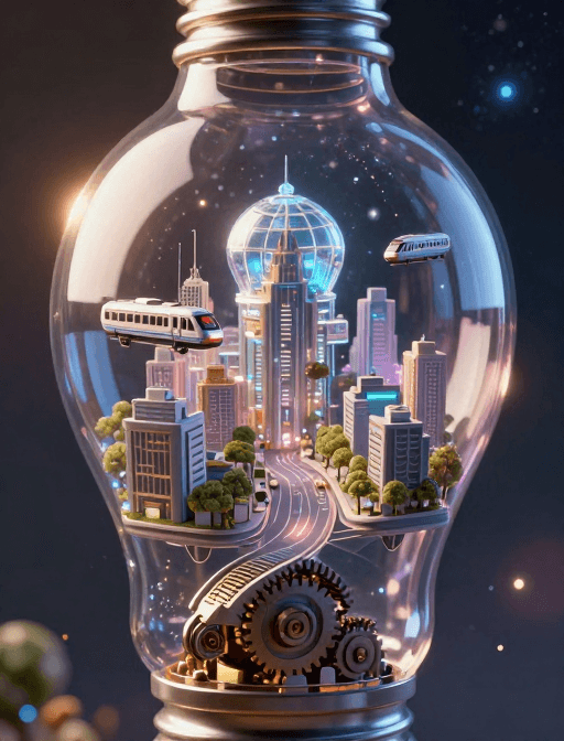 AI生成素材：透明灯泡中的未来微型城市：超现实科幻光影