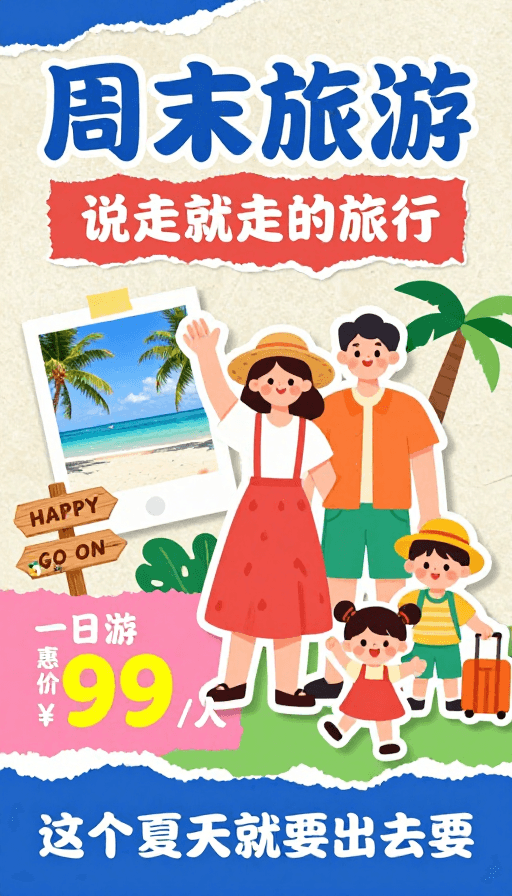 童趣风格素材：夏日手撕纸拼贴海报：周末旅行童趣号召