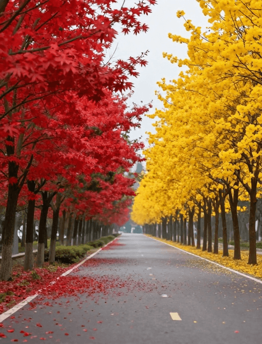 梦幻色彩素材：秋日梦幻公路：红枫黄银杏交织的花瓣秘境