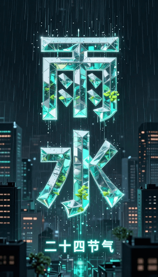 文化符号素材：赛博朋克未来雨水 | 玻璃几何文字与城市光影