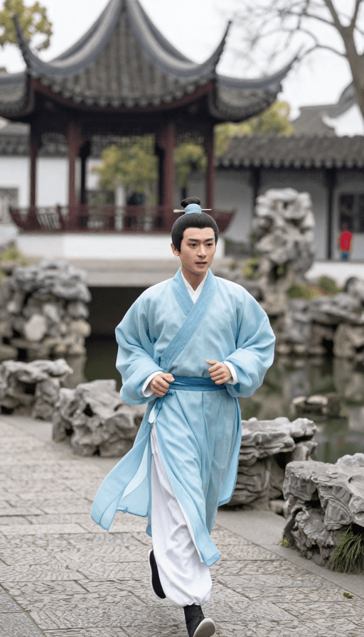 古装跑步素材：古装名角奔跑：贾宝玉在苏州园林马拉松赛