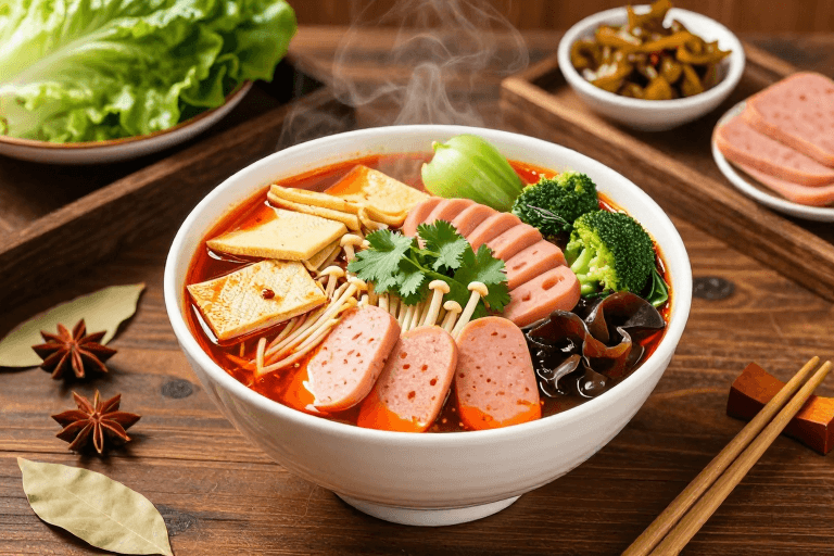 中式料理素材：热气腾腾麻辣烫：鲜香浓郁，诱人食欲