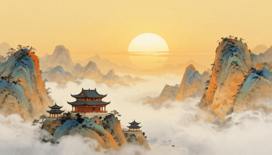 传统建筑素材：中国风山水：暖金黄昏下的双日奇观与云间楼阁