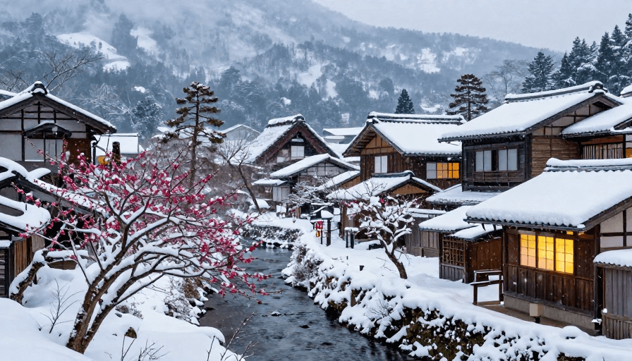 高清实景素材：雪拥古村：暖光映透的冬日日式风光摄影