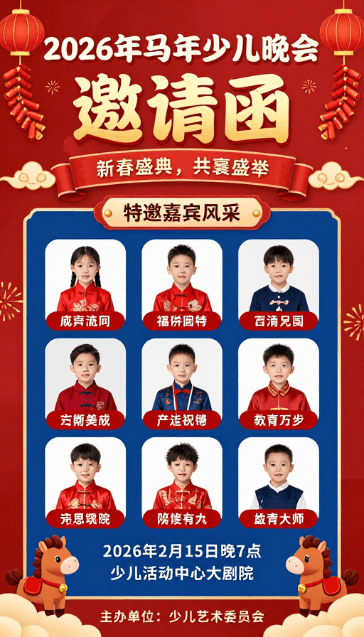 中国风海报素材：2026马年少儿春节晚会邀请海报