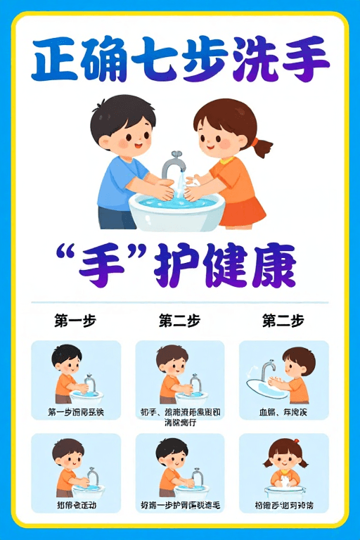 七步洗手法素材：卡通七步洗手法健康科普公益海报