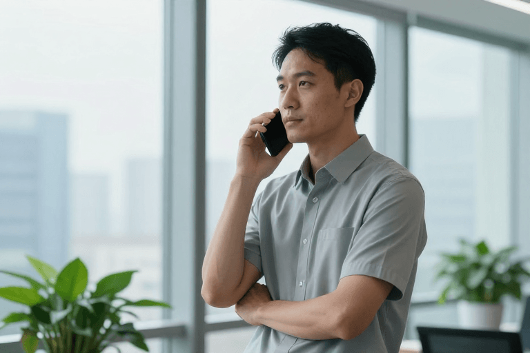 现代办公室素材：专注沟通：现代职场男士商务通话瞬间