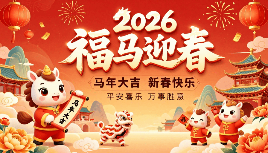 春节素材：2026春节福马迎春海报，中国风插画喜庆设计