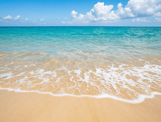 海滩风景素材：碧蓝浅滩与金黄沙滩的极致海景