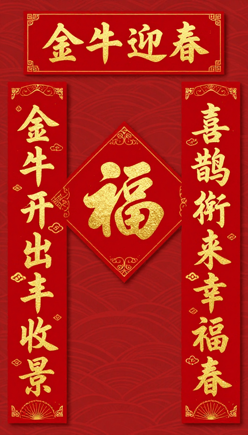春节素材：金牛迎春福满门：传统中国风春节对联设计