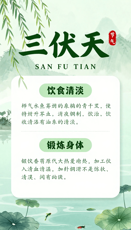 节气文化素材：水墨青绿·三伏天节气养生海报