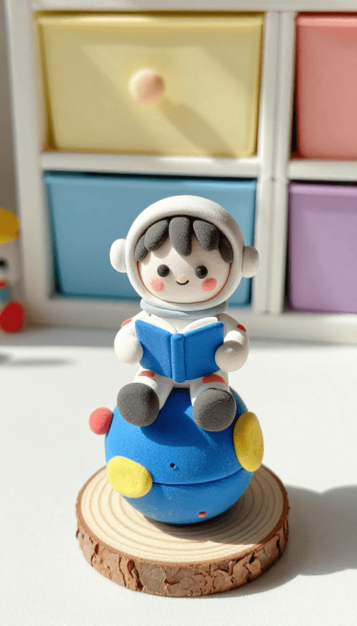 高饱和度素材：宇航少年星上读书：超轻粘土治愈作品