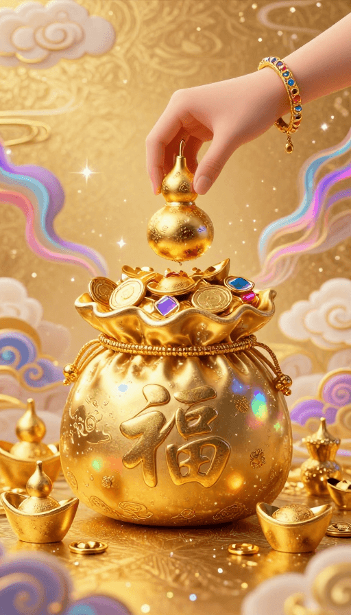 传统书法素材：福运招财：金色吉祥葫芦与元宝的华丽画卷