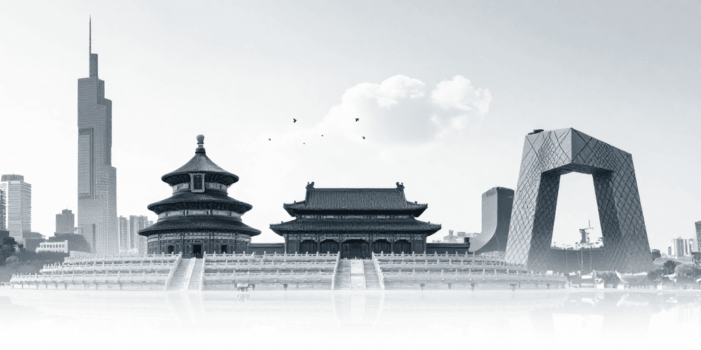 传统与现代融合素材：蓝调极简城市文化地标拼贴背景图