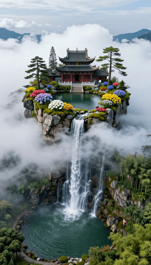 高清晰度素材：云端道韵：青苔石花与绝美瀑布的仙境画卷