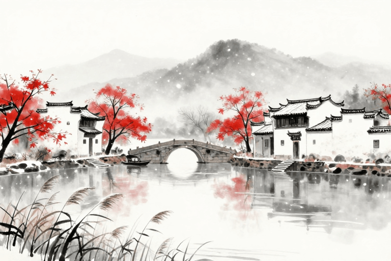装饰背景素材：水墨江南雪韵：古桥红枫诗意画卷