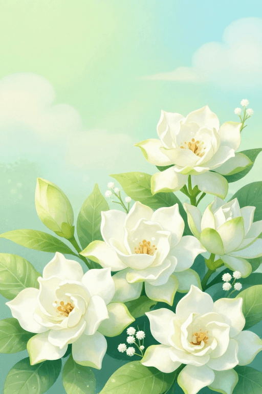 梦幻插画素材：栀子花梦幻插画：柔和光影下的童话花园