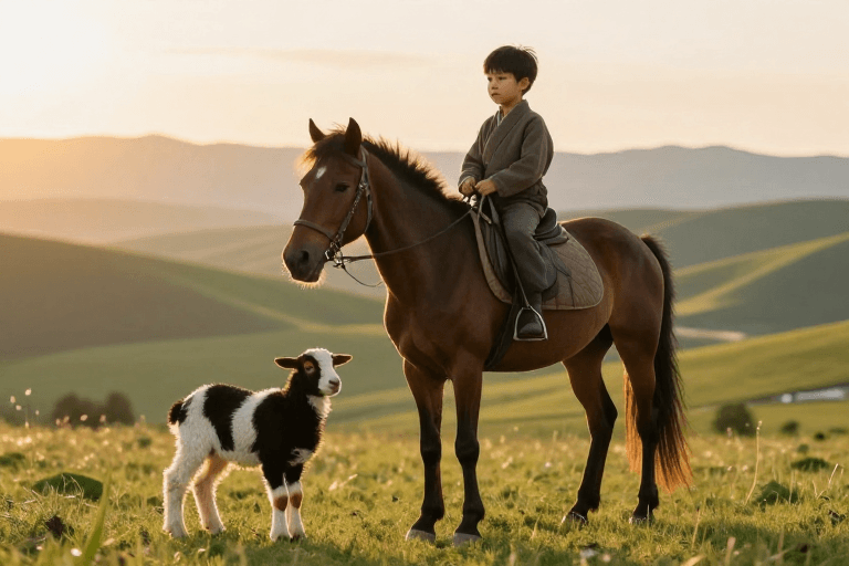 摄影写实素材：夕阳草原上的童趣：小男孩骑马伴三色羊羔