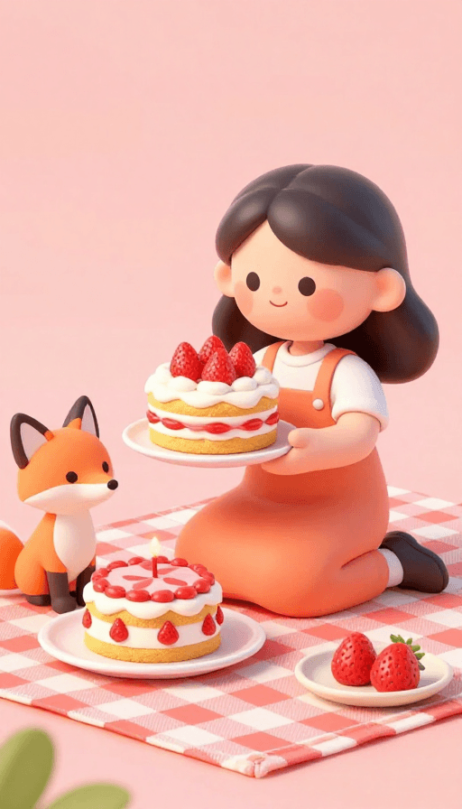 3D插画素材：3D野餐分享：粉红少女赠小狐草莓蛋糕