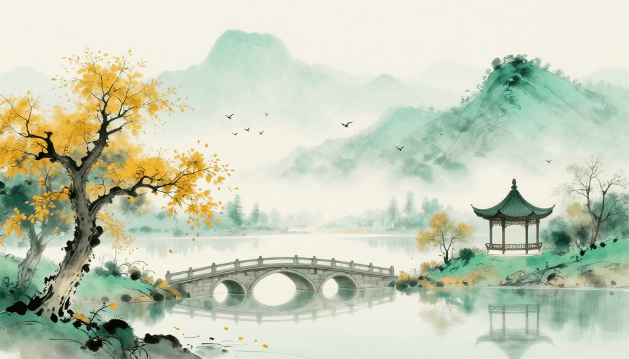 传统建筑素材：青绿秋韵水墨山景：留白意境的东方诗意画卷