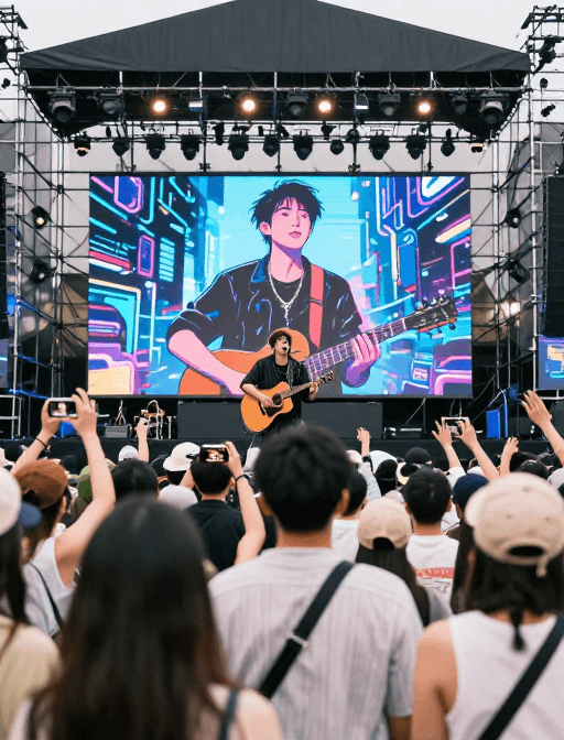 舞台表演素材：夏日赛博朋克音乐节：活力舞台与潮流观众