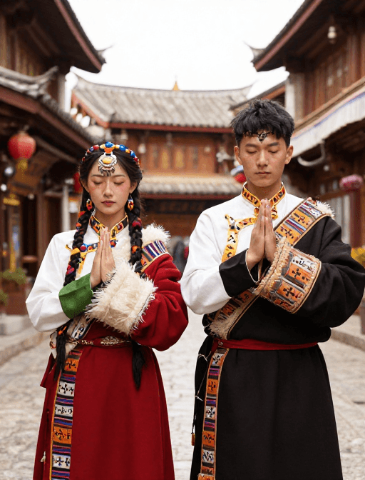 旅游摄影素材：藏族风情：古城情侣祈祷的唯美写真