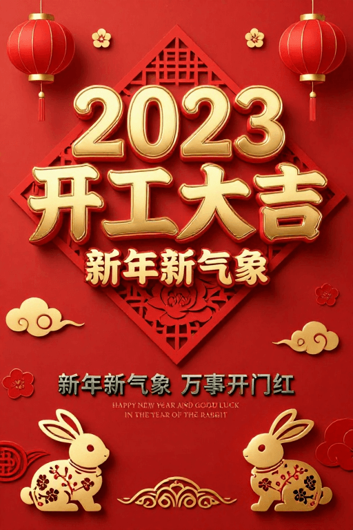 立体文字设计素材：红金中国风2023新年开工喜庆海报