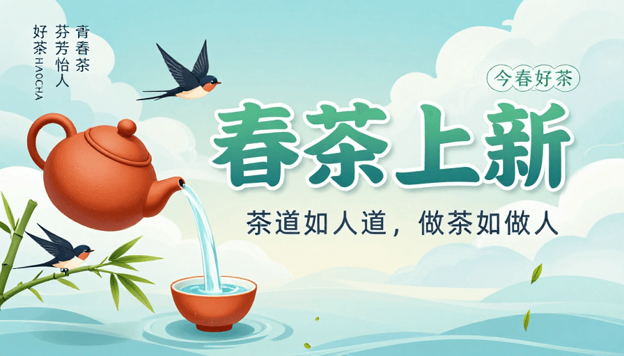 茶文化素材：清新中国风春茶上新海报，茶香四溢生机盎然
