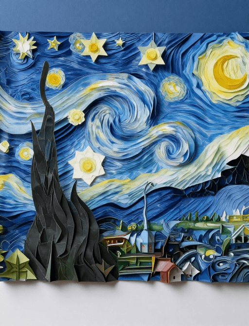 折纸艺术素材：折纸艺术重构《星月夜》：立体剪纸星空与乡村夜景